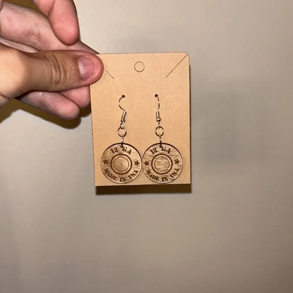 Handmade 12 GA USA Engraved Wooden Dangle Earrings Rustic Western Bullet Style - Picture 4 of 9